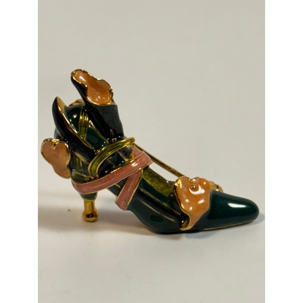 Vintage Brooch KJL Enamel Shoe High Heel Gold Tone Green‎ Pink Beautiful